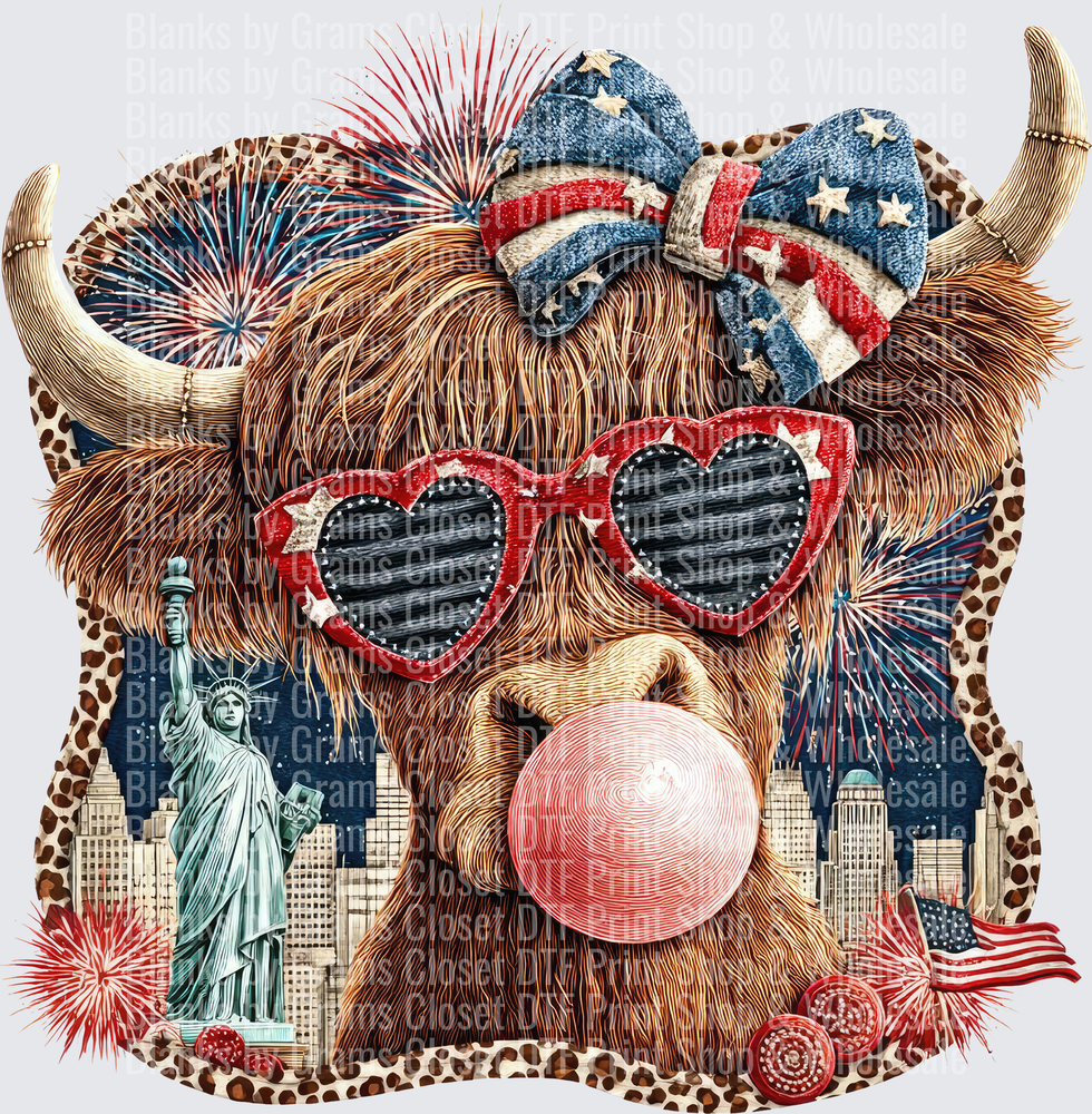 Highland Cow Wearing Heart Sunglasses Fourth of July America