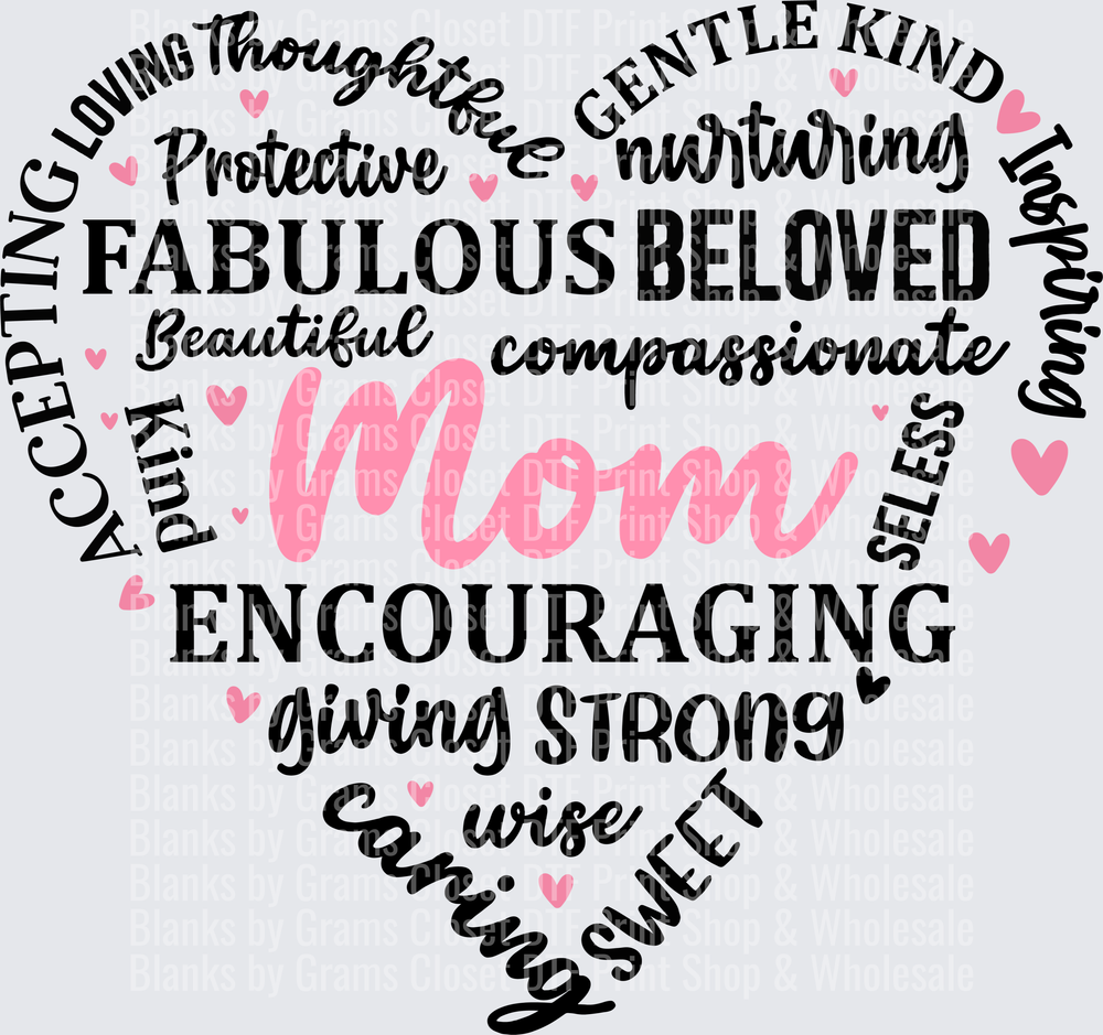 Mom Heart Word Cloud with Positive Adjectives Pink and Black