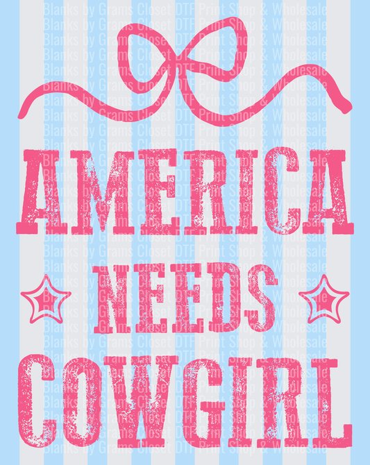 America Needs Cowgirl Pink Bow Blue Stripes Design