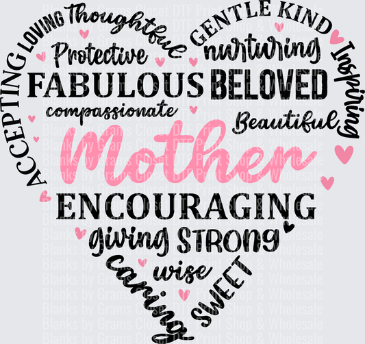 Mother Heart Typography with Positive Adjectives Design