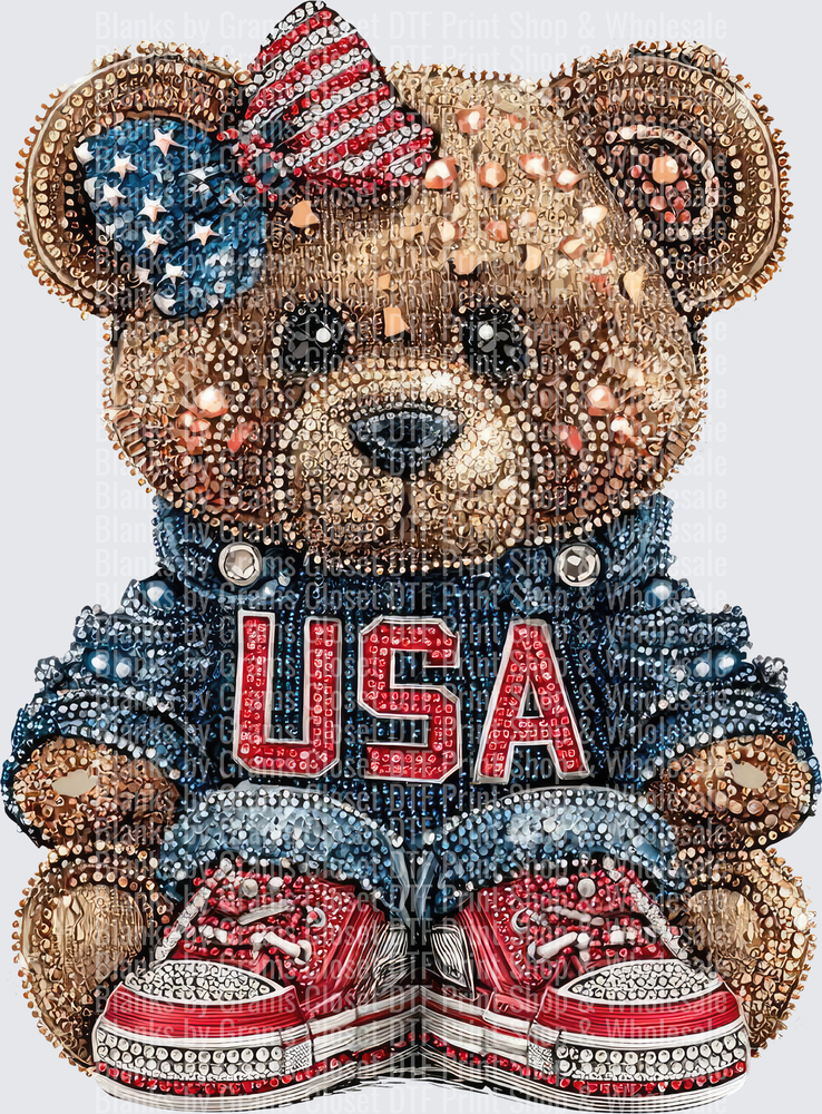 Patriotic Teddy Bear with American Flag Bow and USA Denim Overalls
