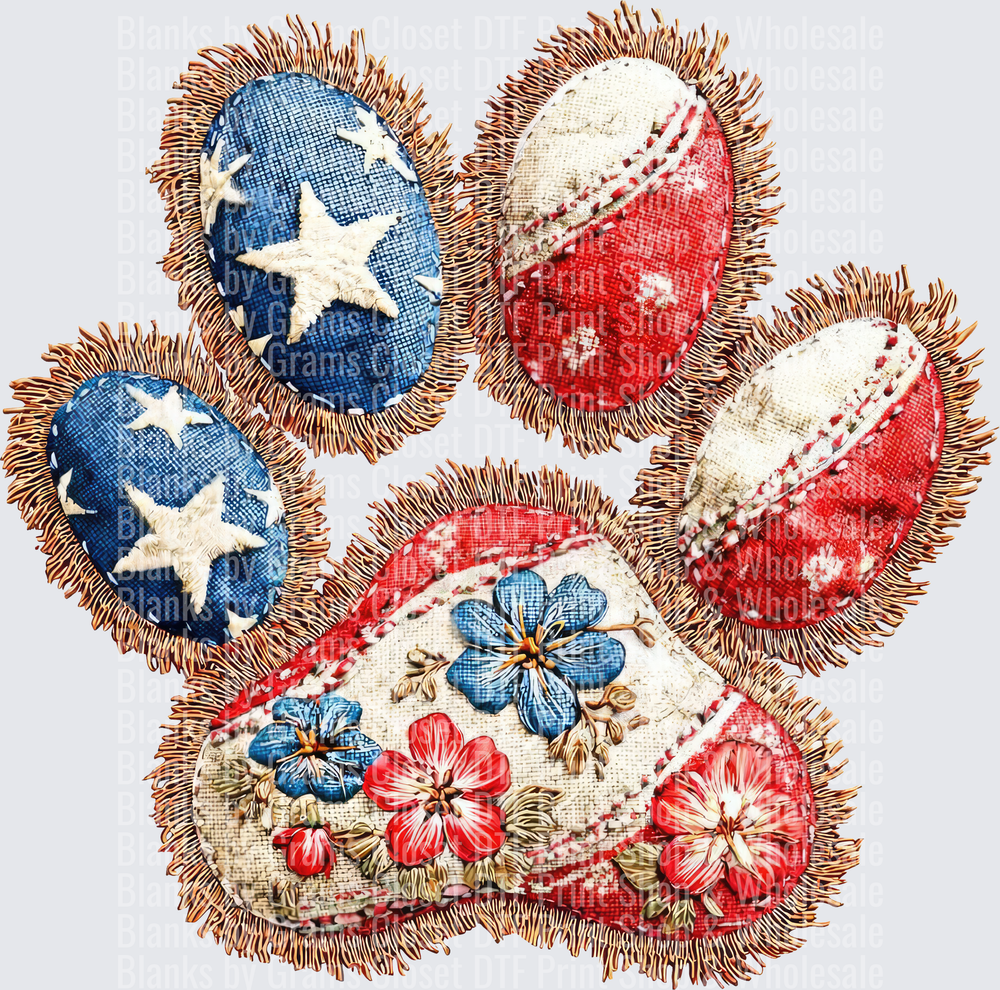 Patriotic Dog Paw Print with Stars Stripes and Hibiscus Flowers