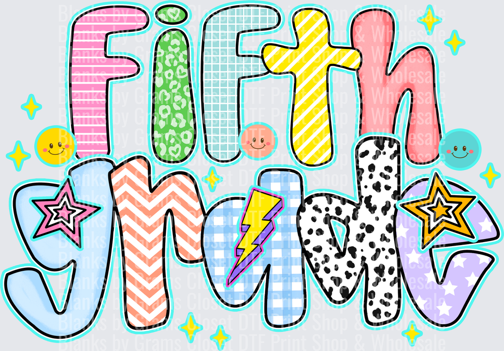 Fifth Grade Colorful Patterned Doodle Letters with Stars