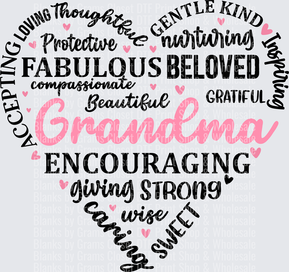 Grandma Word Art Heart Shape with Pink and Black Typography