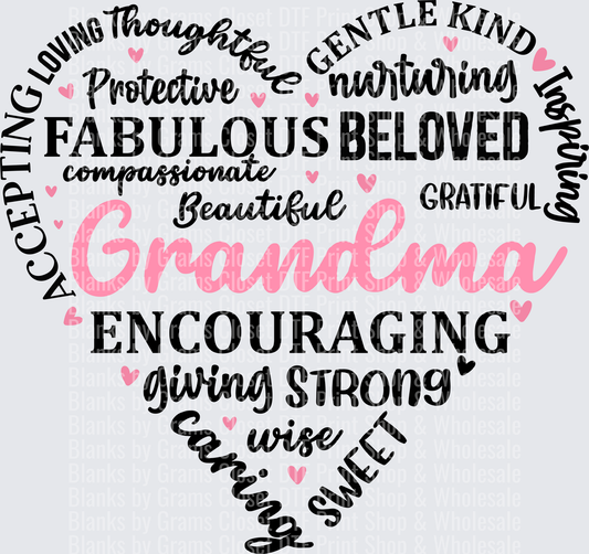 Grandma Word Art Heart Shape with Pink and Black Typography