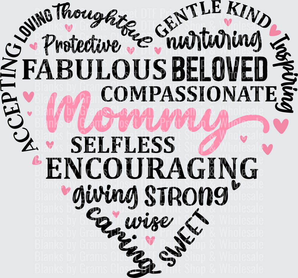 Mommy Heart Word Cloud with Pink and Black Typography