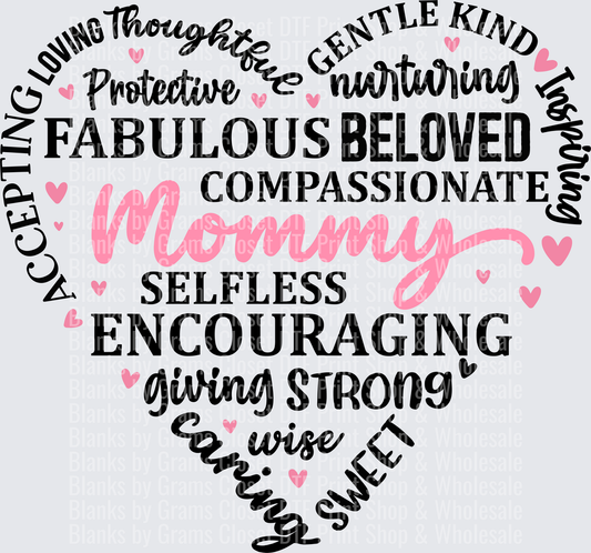 Mommy Heart Word Cloud with Pink and Black Typography