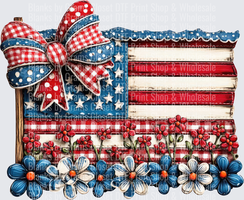 Rustic Wood American Flag with Patriotic Bow and Flowers