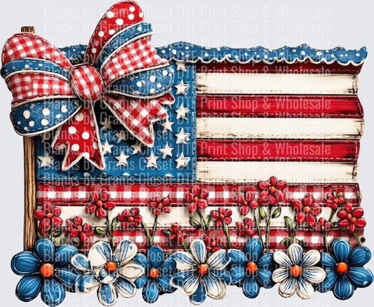 Rustic Wood American Flag with Patriotic Bow and Flowers
