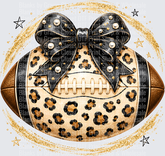 Leopard Print Football with Black Pearl Bow Gold Glitter Stars