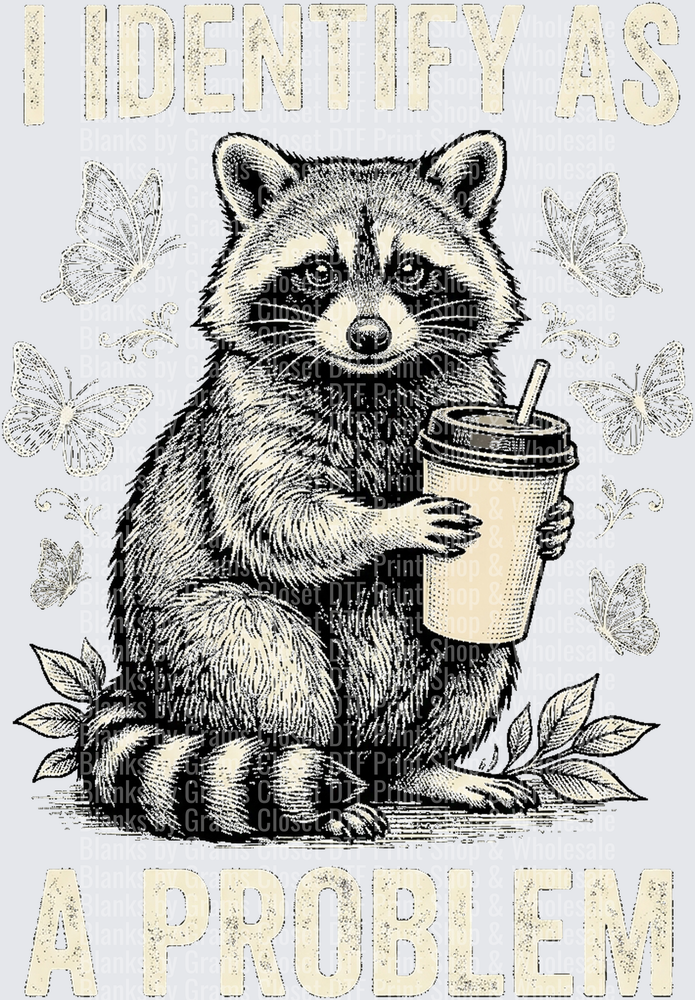 I Identify As A Problem Raccoon Holding Coffee Butterflies