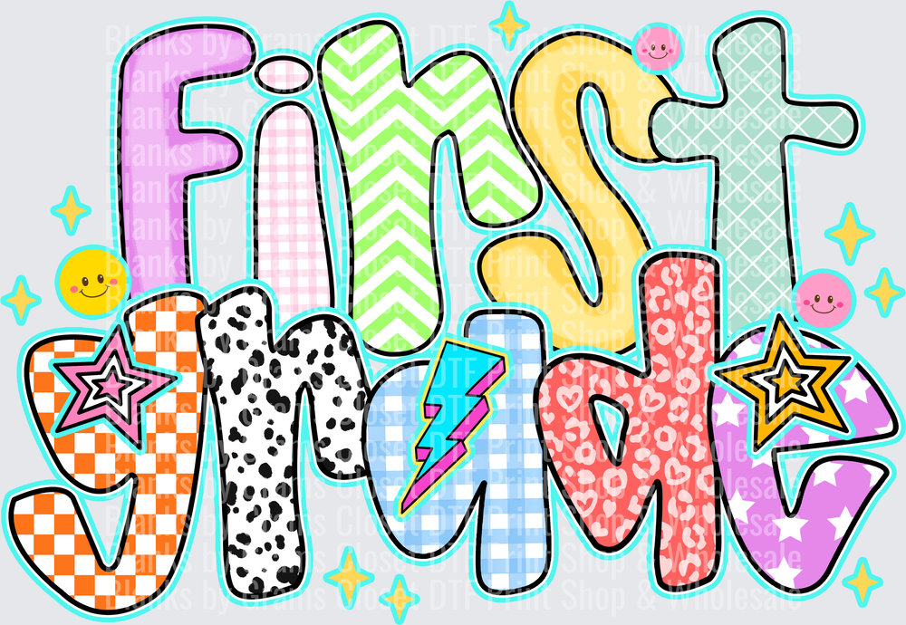 First Grade Colorful Patterned Doodle Letters with Stars