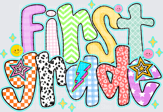 First Grade Retro Doodle Patterned Text with Stars and Smileys
