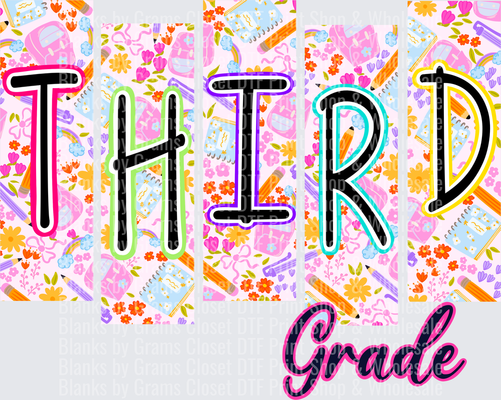 Third Grade Colorful School Supplies Floral Bold Letters