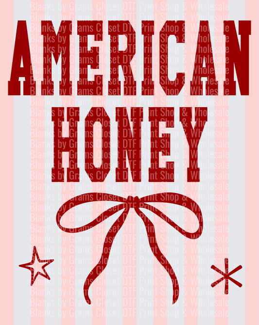 American Honey Red Typography with Bow and Stars on Pink Stripes