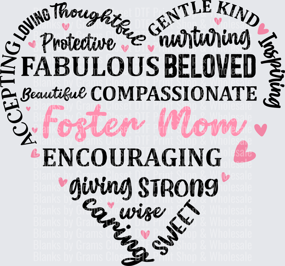 Foster Mom Heart Word Collage with Pink Hearts