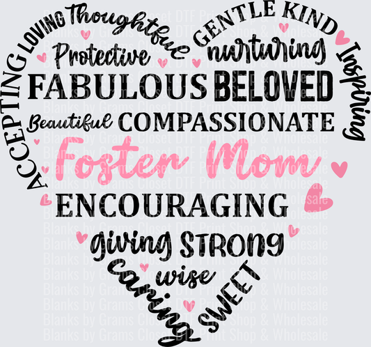 Foster Mom Heart Word Collage with Pink Hearts