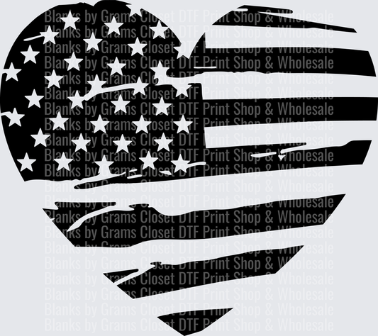 Distressed American Flag Heart Black and White Design