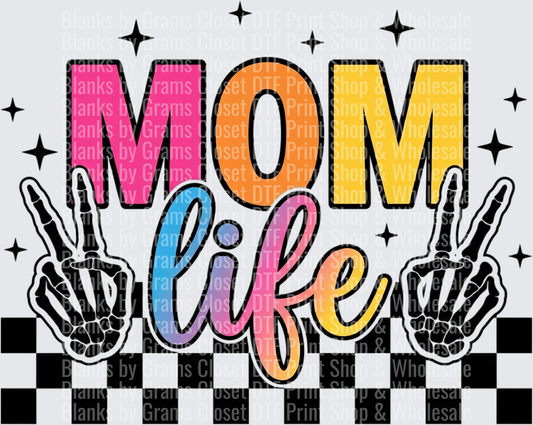 Mom Life Rainbow Letters Peace Signs Checkered Border Stars