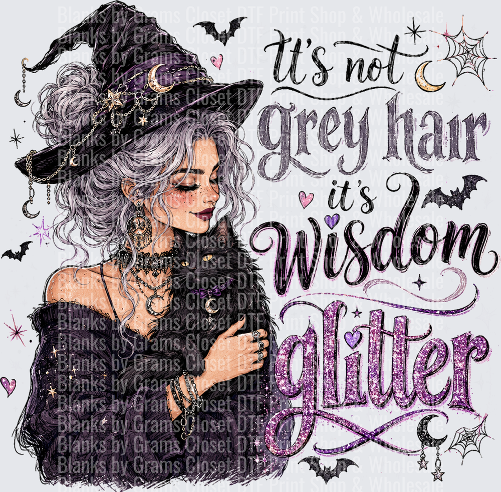 It's Not Grey Hair It's Wisdom Glitter Witch with Black Cat
