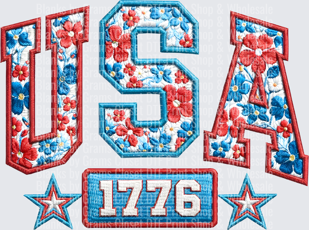 USA 1776 Embroidered Style Patriotic Floral Design with Stars