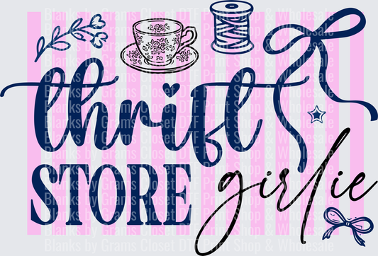 Thrift Store Girlie Text with Sewing Theme Elements Pink Stripes