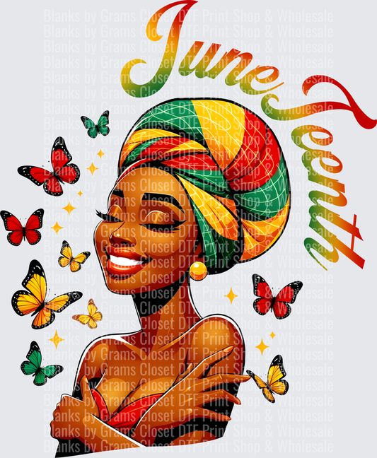 Juneteenth African American Woman with Colorful Head Wrap and Butterflies