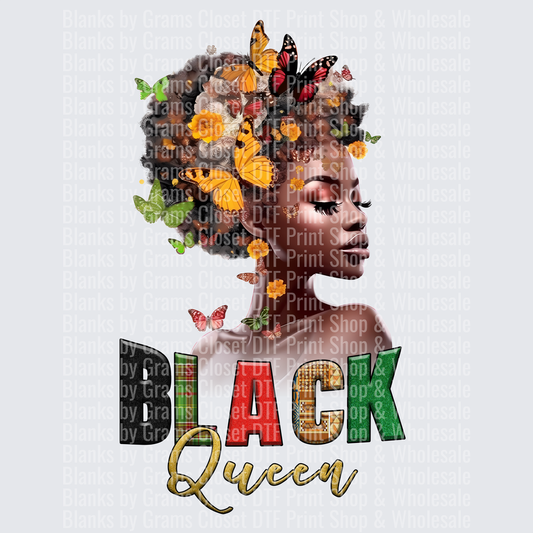 Black Queen Woman Silhouette with Butterflies and Flowers