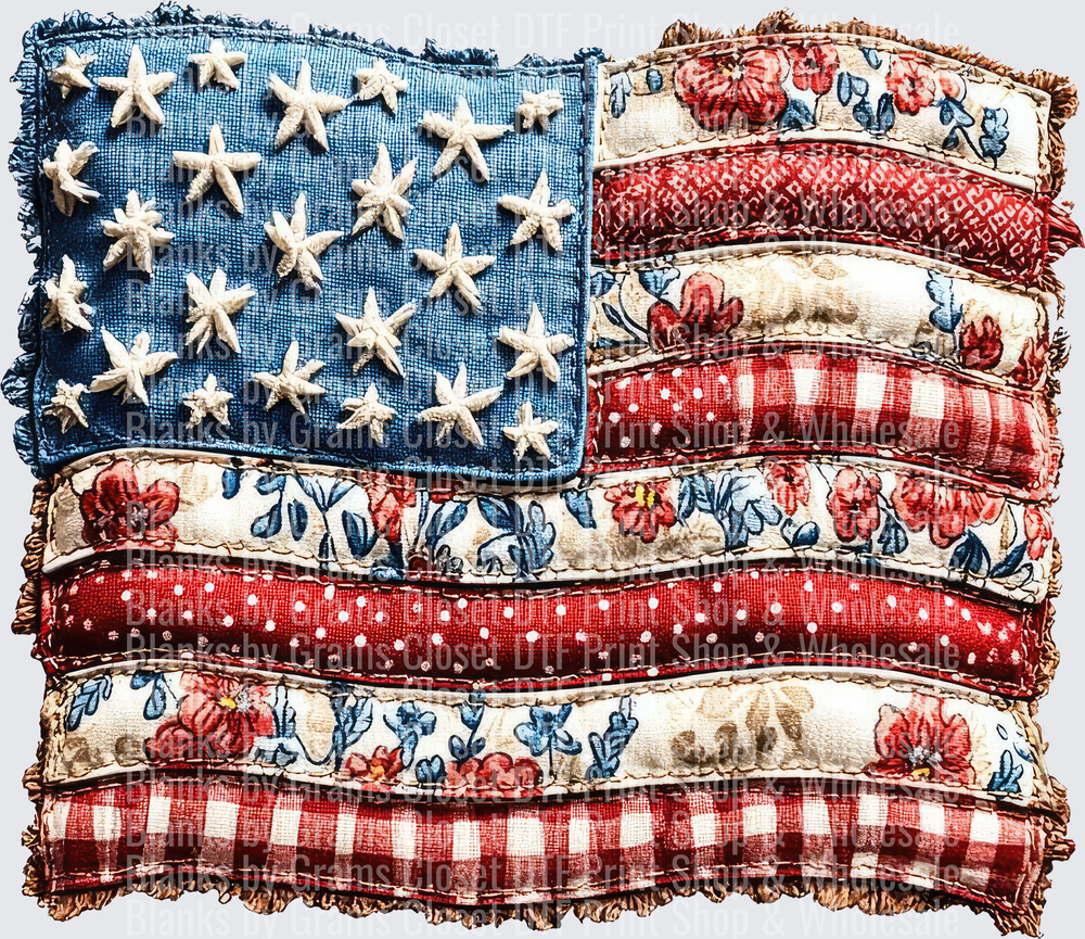Vintage Patchwork American Flag with Starfish and Floral Fabric