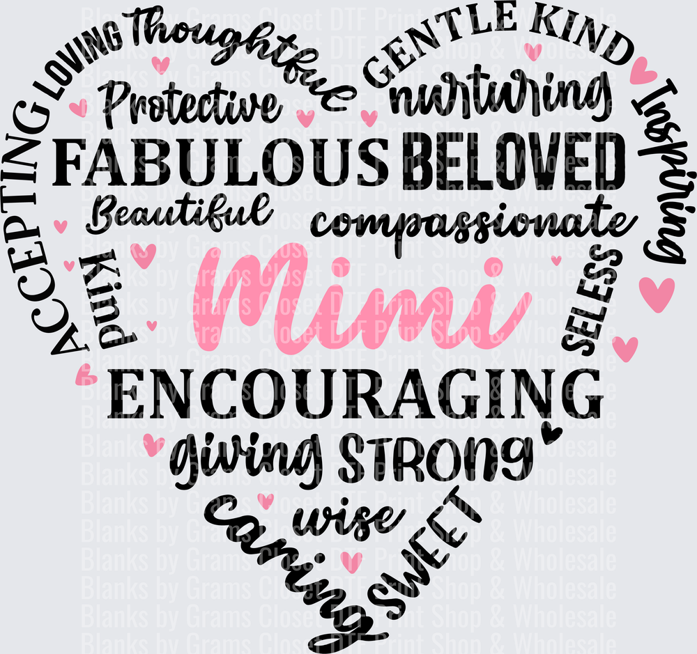 Mimi Heart Word Cloud with Positive Traits Typography Design