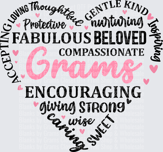 Grans Heart Typography with Loving Grandmother Qualities