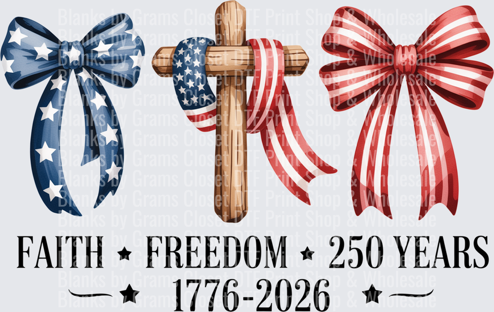 Faith Freedom 250 Years Wooden Cross with Patriotic Ribbons